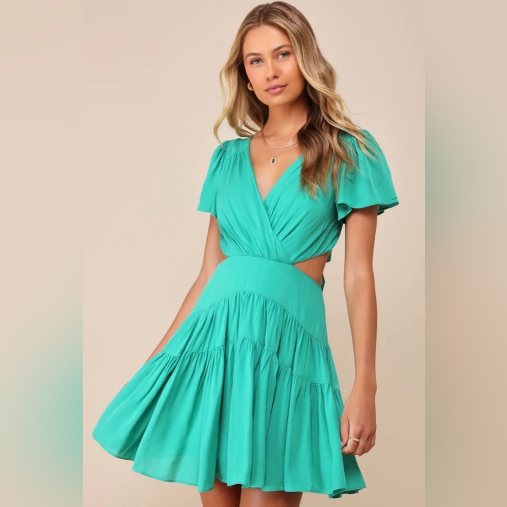 Lulu's Green Ruched Wrap Maxi Dress for Wedding Guest
